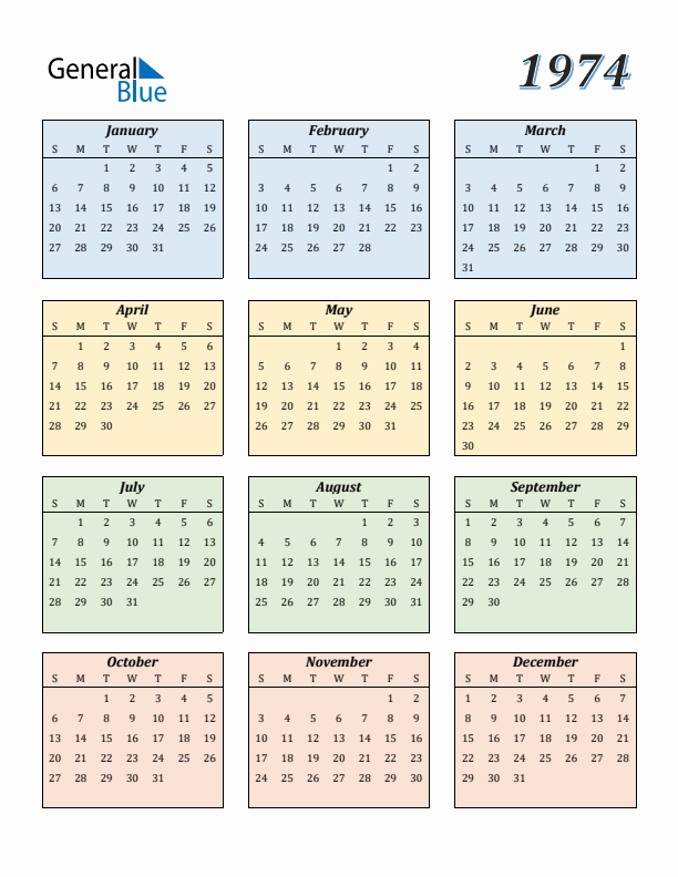 1974 Calendar (PDF, Word, Excel)