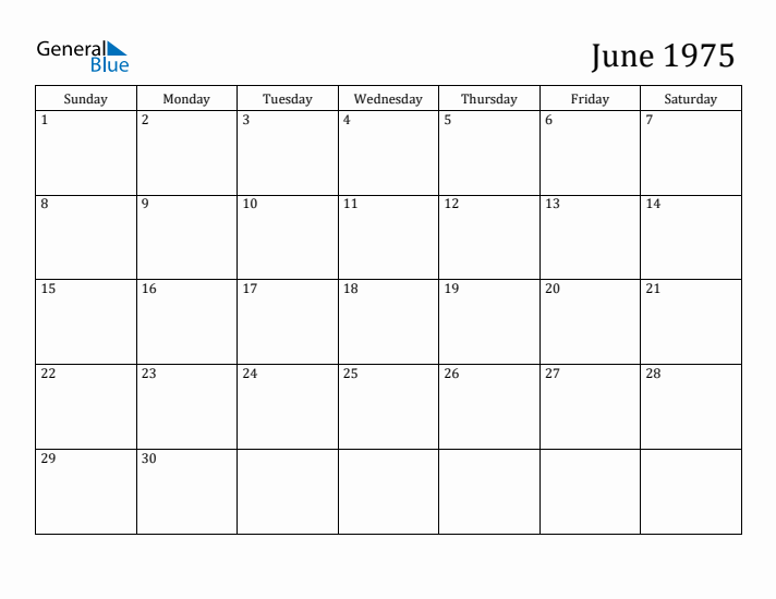 June 1975 Calendars (PDF Word Excel)