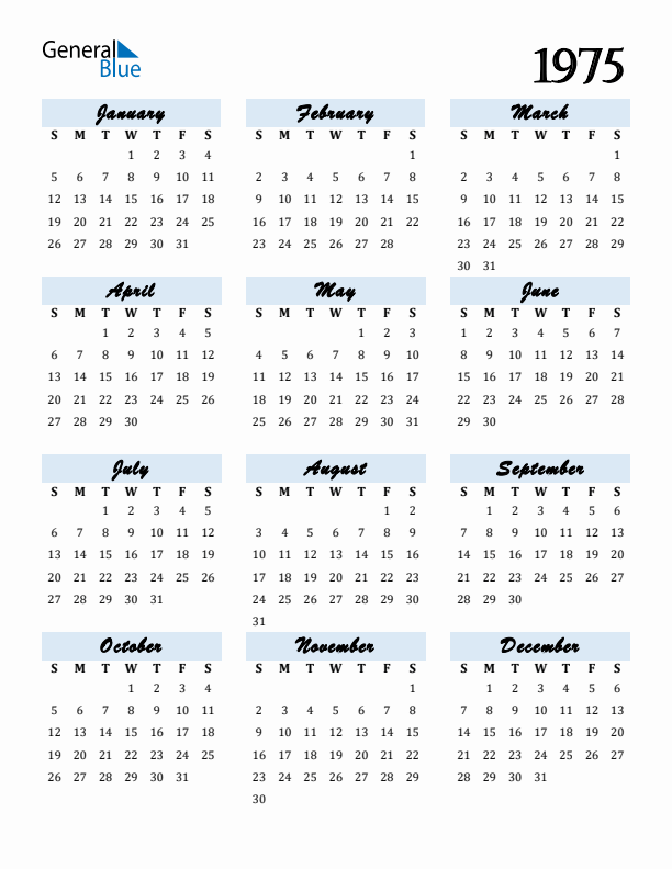 Free 1975 Calendars in PDF Word Excel