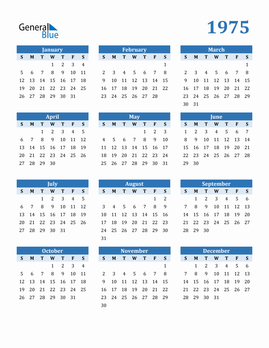 Free 1975 Year Calendar in PDF, Word, and Excel