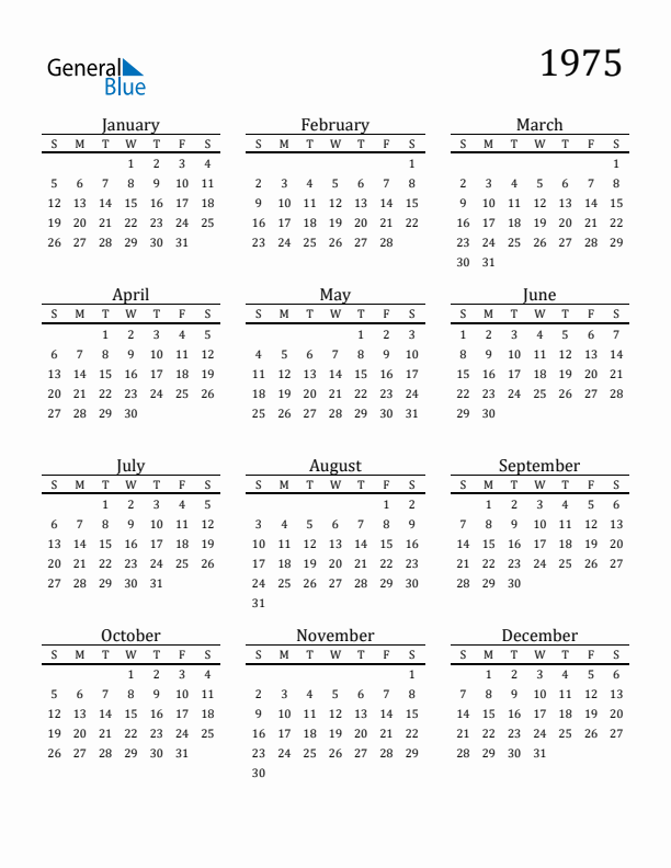 1975 Calendar (PDF Word Excel)