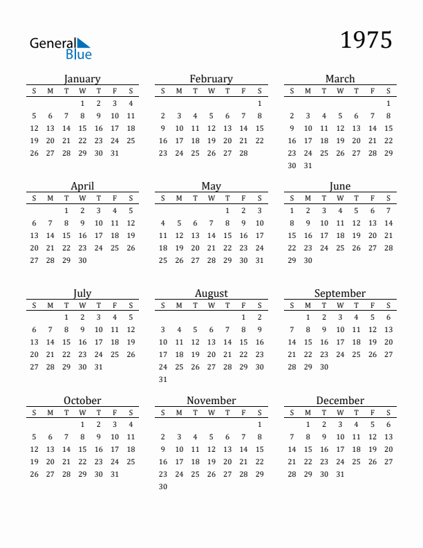 Free 1975 Calendars in PDF Word Excel