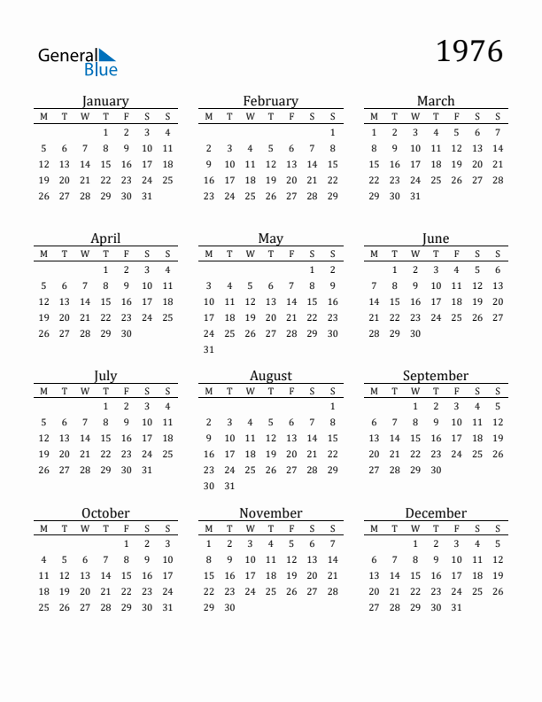 1976 Yearly Calendar Templates with Monday Start