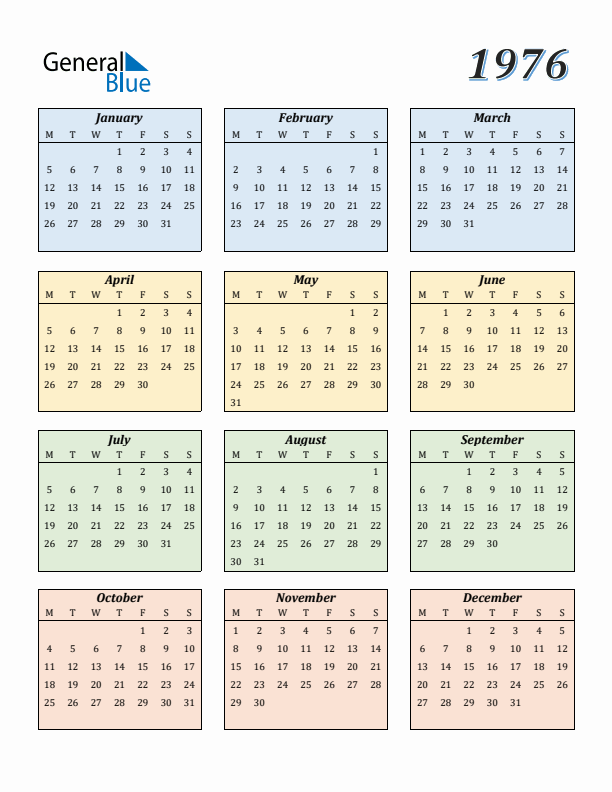 Calendar for 1976 (Monday Start)