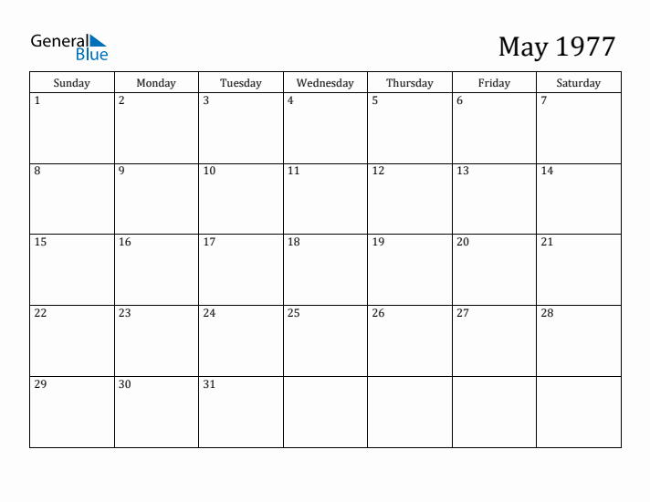 May 1977 Monthly Calendar (PDF Word Excel)