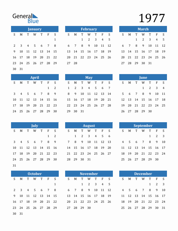Free 1977 Calendars in PDF, Word, Excel