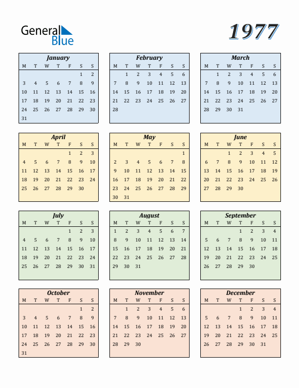 Calendar for 1977 (Monday Start)