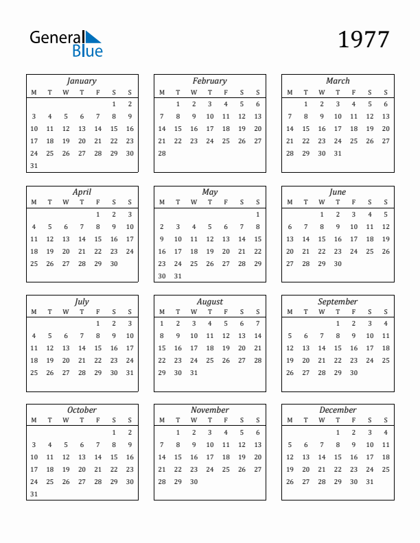 1977 Yearly Calendar Templates with Monday Start