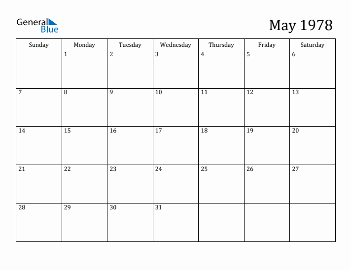 May 1978 Monthly Calendar (PDF Word Excel)