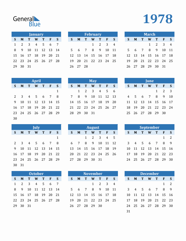 1978 Year Calendar with Sunday Start