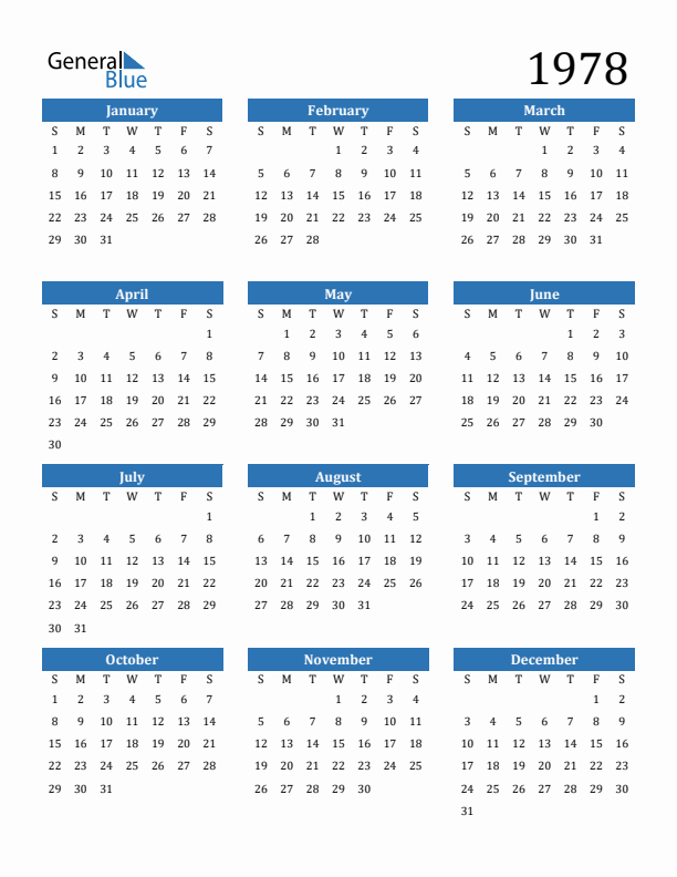 Free 1978 Calendars in PDF Word Excel