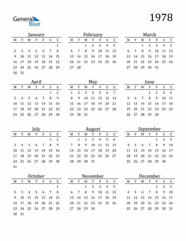 1978 Yearly Calendar Templates with Monday Start