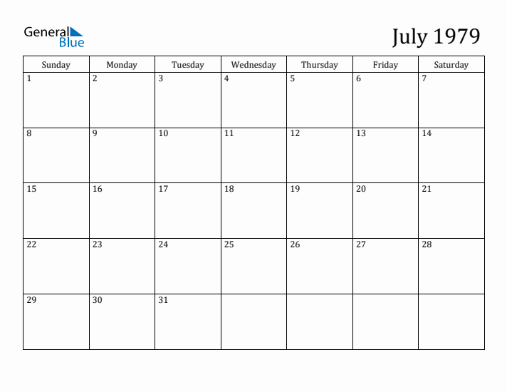 July 1979 Monthly Calendar (PDF Word Excel)