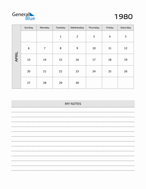 April 1980 Calendars (PDF Word Excel)