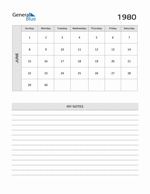 June 1980 Calendars (PDF Word Excel)