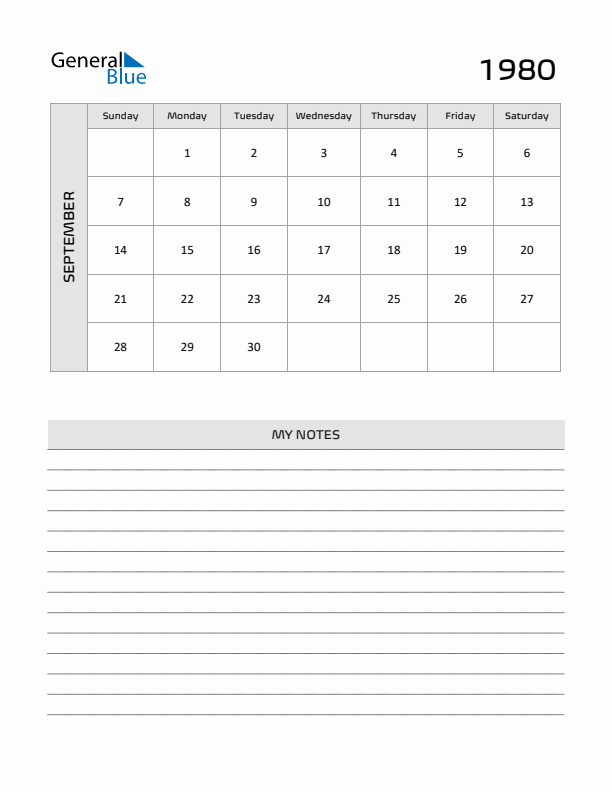 September 1980 Monthly Calendar (PDF Word Excel)