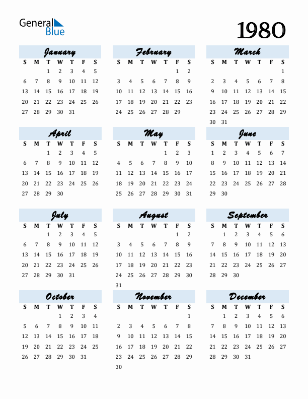 Free 1980 Calendars in PDF Word Excel