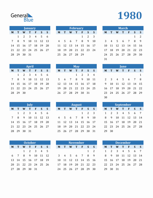 1980 Year Calendar with Monday Start
