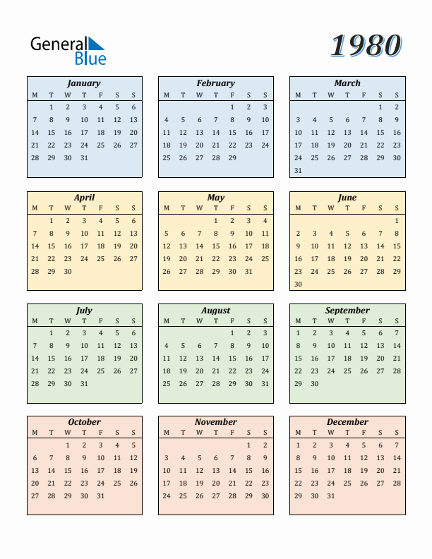 1980 Yearly Calendar Templates with Monday Start
