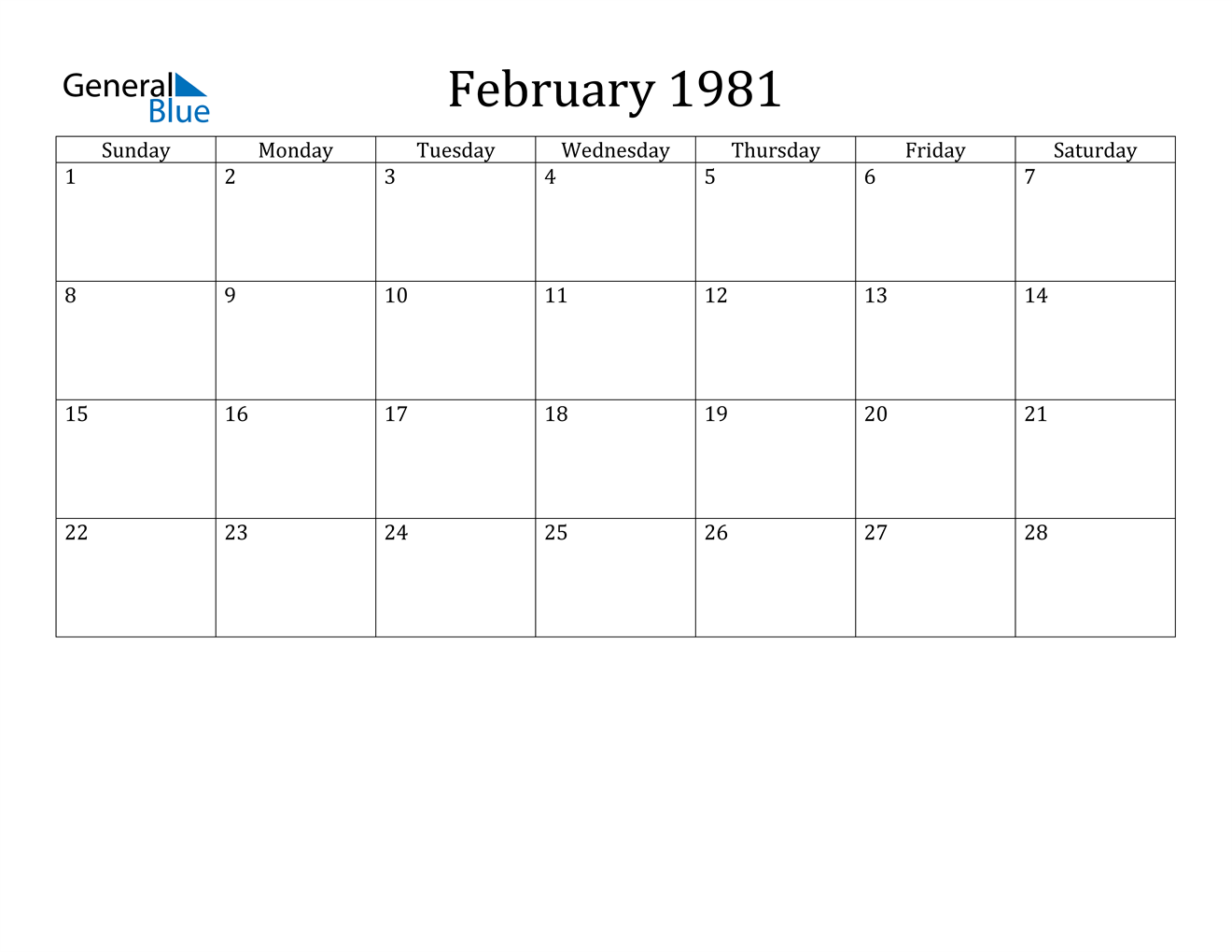 February 1981 Calendar PDF Word Excel