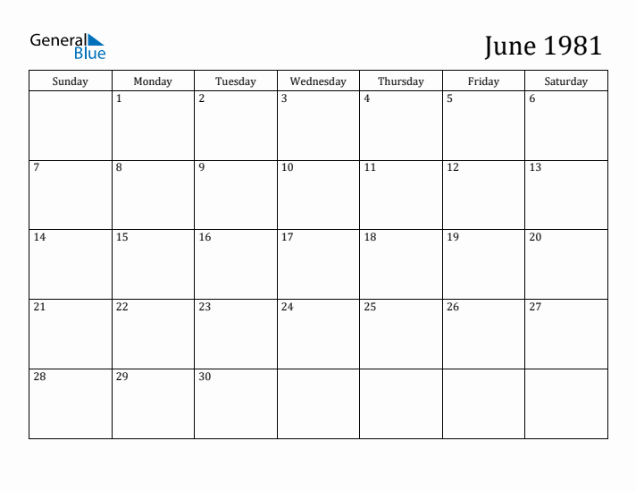 June 1981 Monthly Calendar (PDF Word Excel)