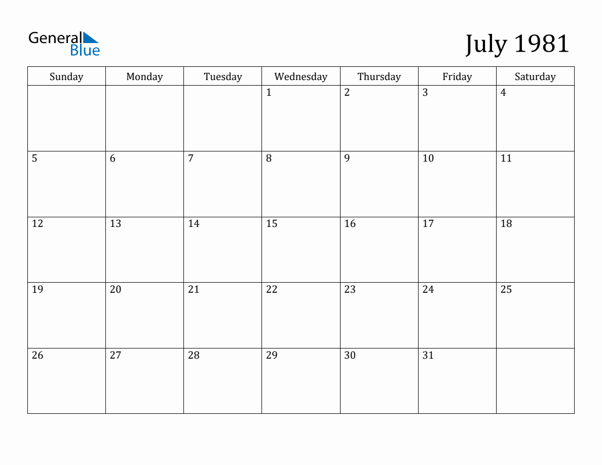 July 1981 Monthly Calendar