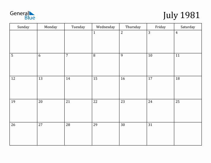 July 1981 Monthly Calendar (PDF Word Excel)