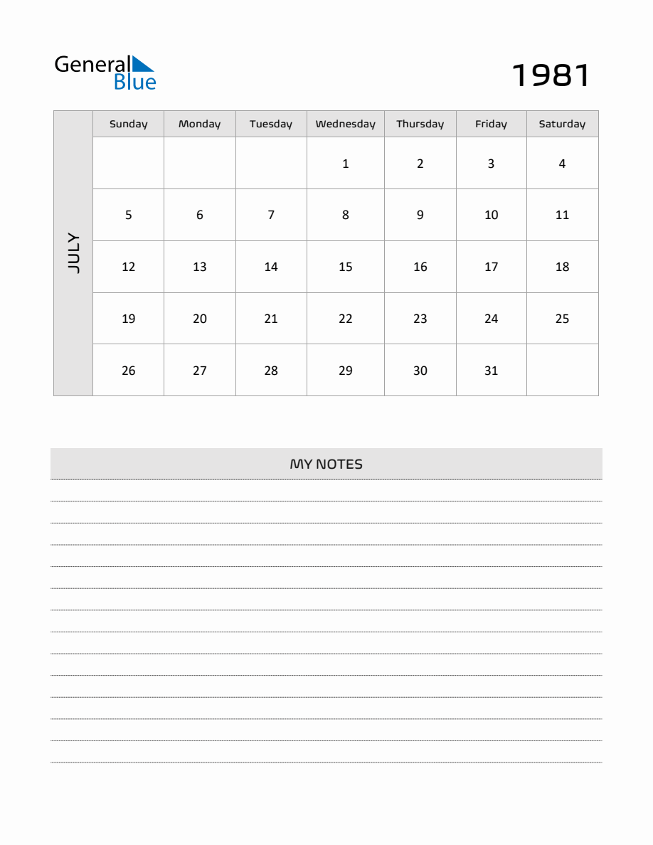 July 1981 Printable Monthly Calendar with Notes