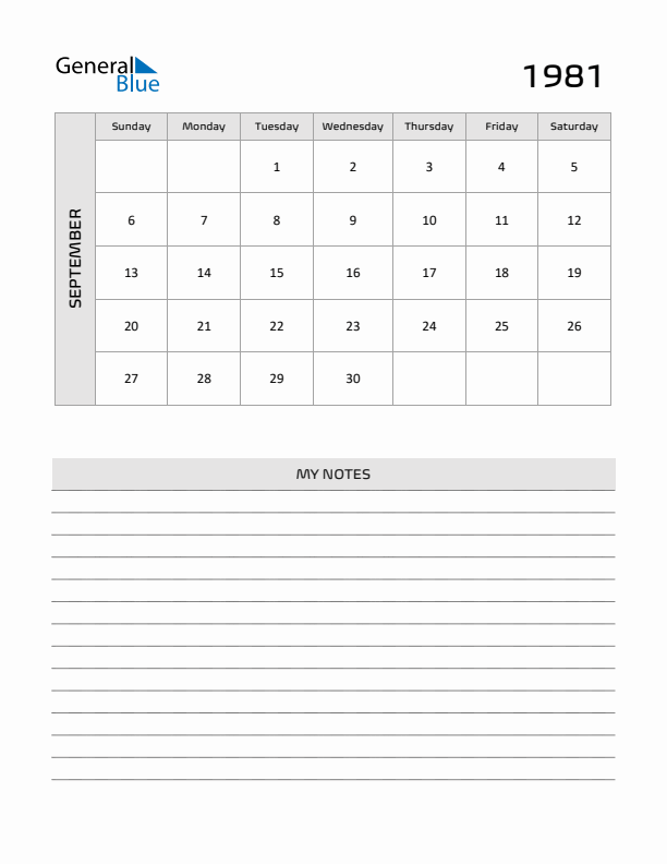 September 1981 Calendars (PDF Word Excel)