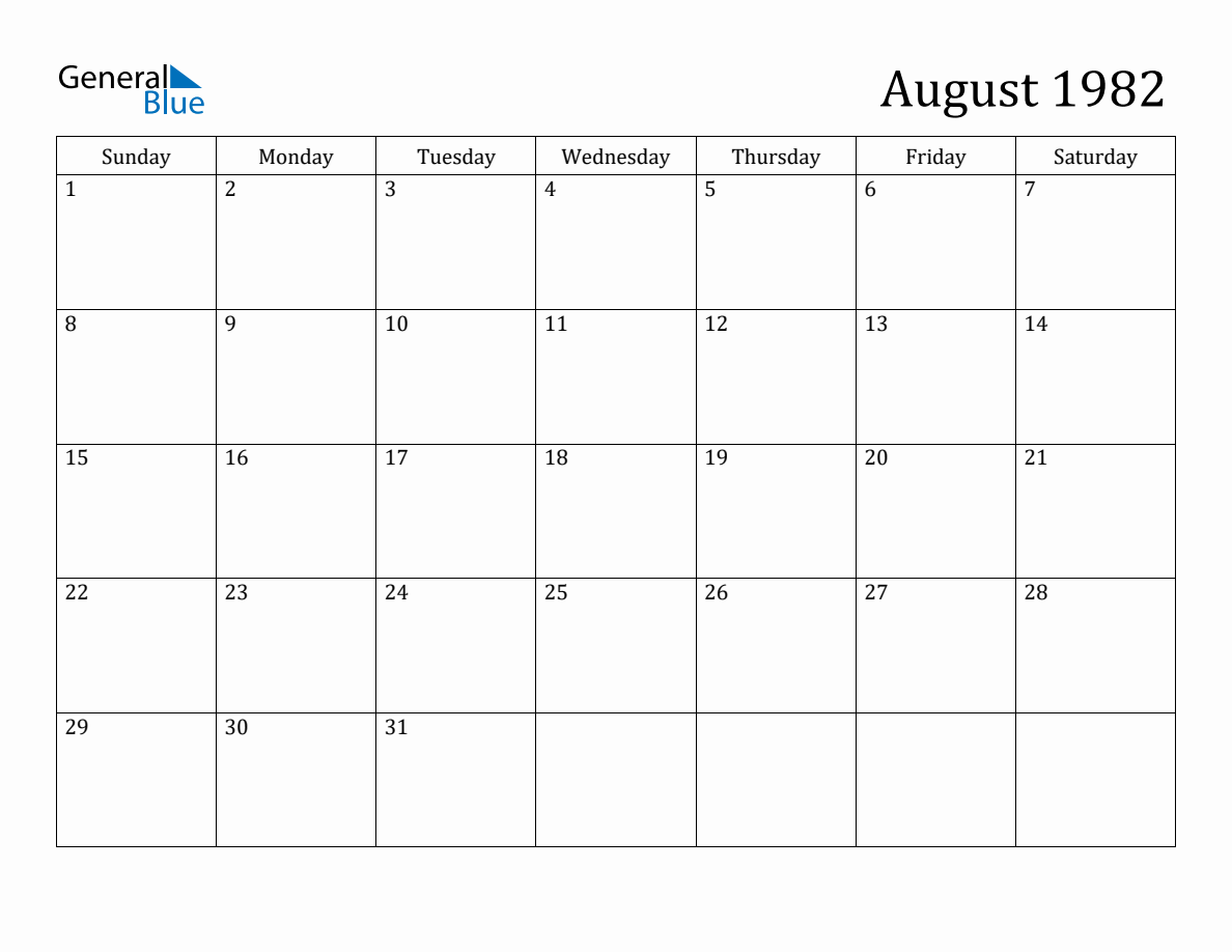 August 1982 Monthly Calendar
