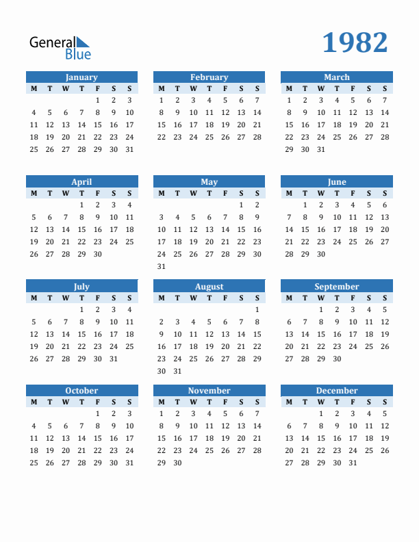 1982 Yearly Calendar Templates with Monday Start