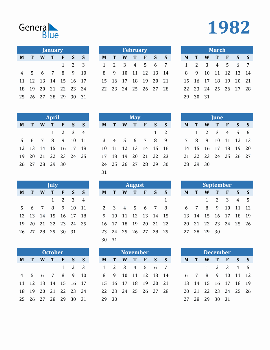 Free 1982 Year Calendar in PDF, Word, and Excel
