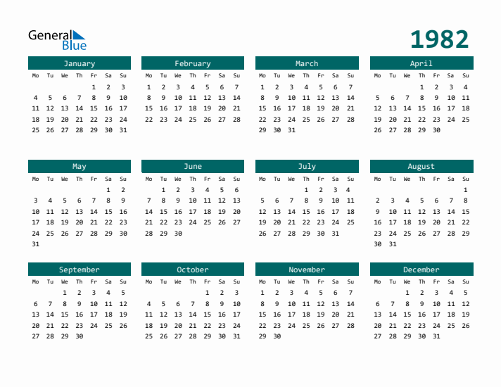 1982 Yearly Calendar Templates with Monday Start