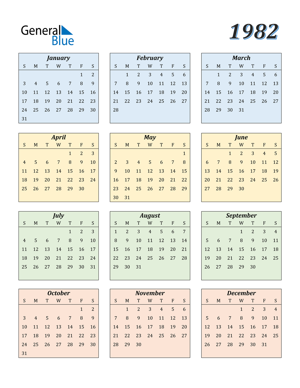 1982 Calendar (PDF, Word, Excel)
