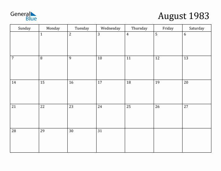 August 1983 Monthly Calendar (PDF Word Excel)
