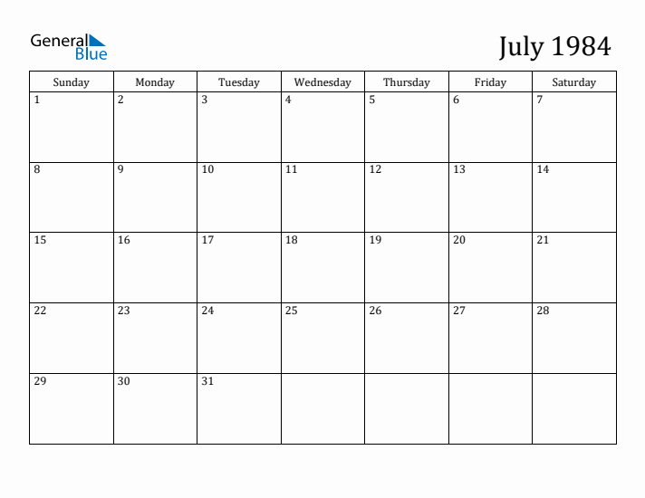 July 1984 Monthly Calendar (PDF Word Excel)