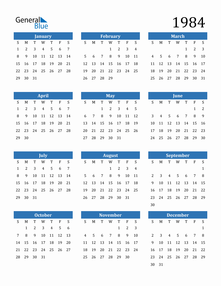 1984 Yearly Calendar