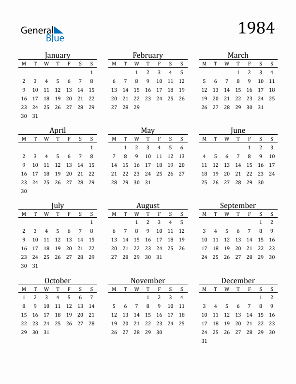 1984 Yearly Calendar Templates with Monday Start