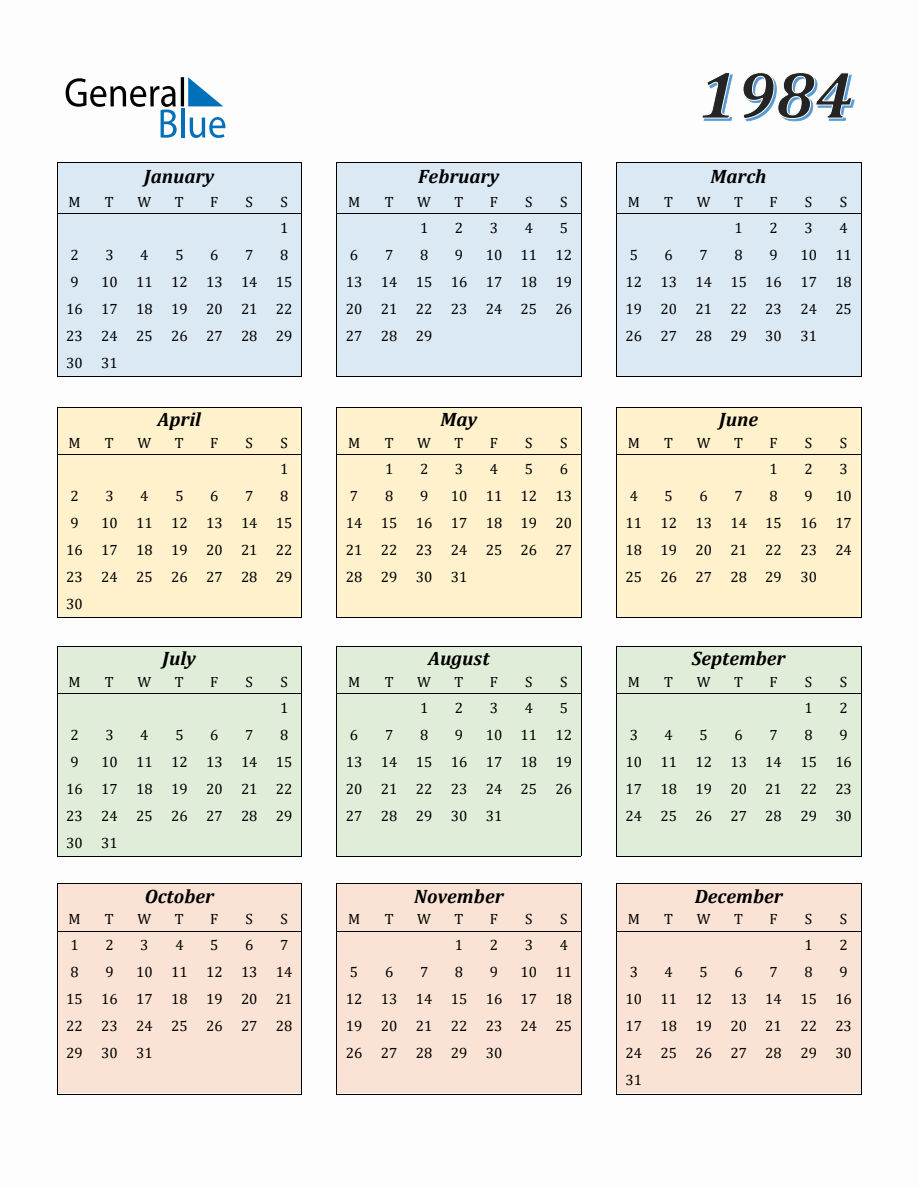 Calendar for Year 1984