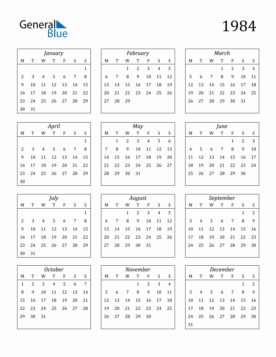 1984 Blank Yearly Calendar Printable