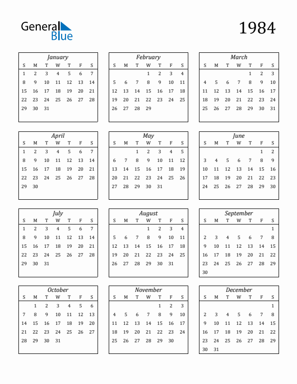 Free 1984 Calendars in PDF, Word, Excel