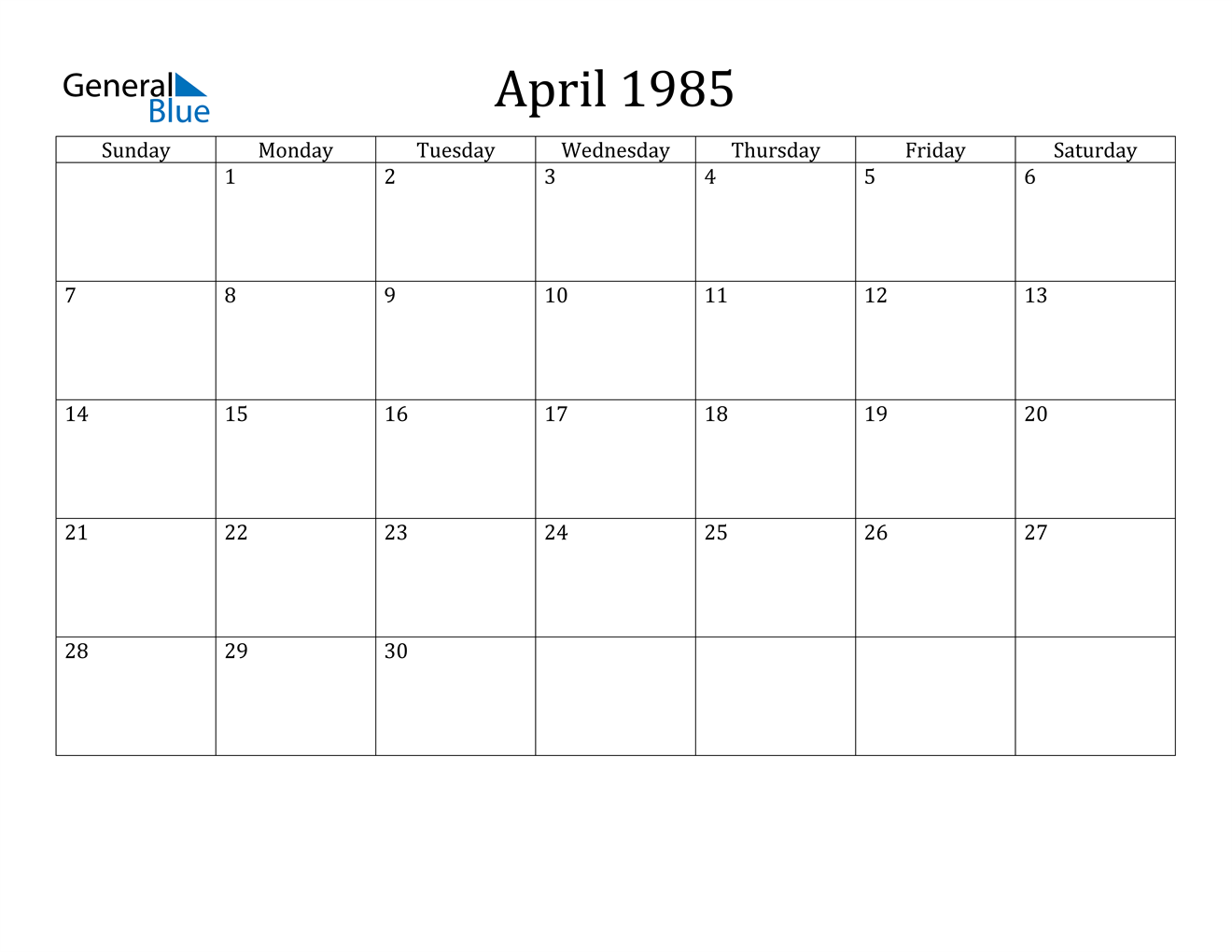 April 1985 Calendar PDF Word Excel