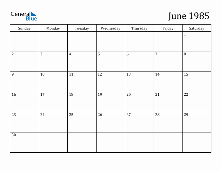 June 1985 Monthly Calendar (PDF Word Excel)