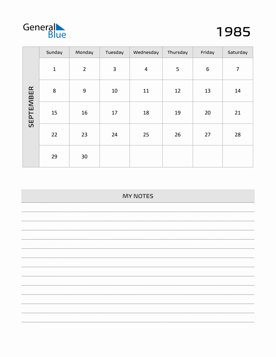 September 1985 Printable Monthly Calendar with Notes