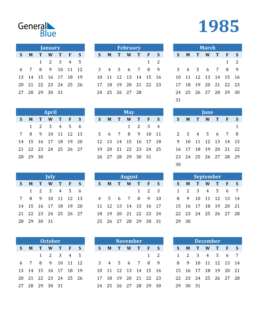 1985 Calendar (PDF, Word, Excel)
