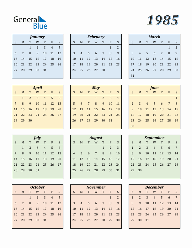 1985 Calendar (PDF, Word, Excel)