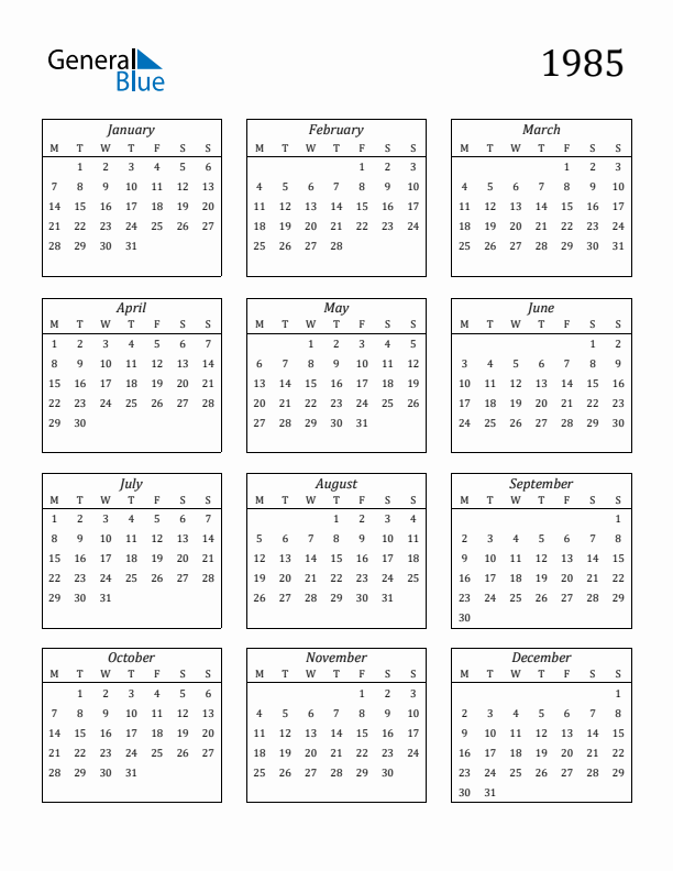 1985 Yearly Calendar Templates with Monday Start