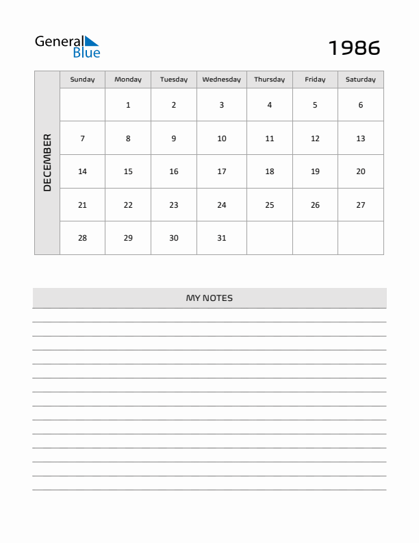 December 1986 Monthly Calendar (PDF Word Excel)