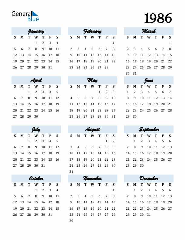 1986 Calendar (PDF, Word, Excel)