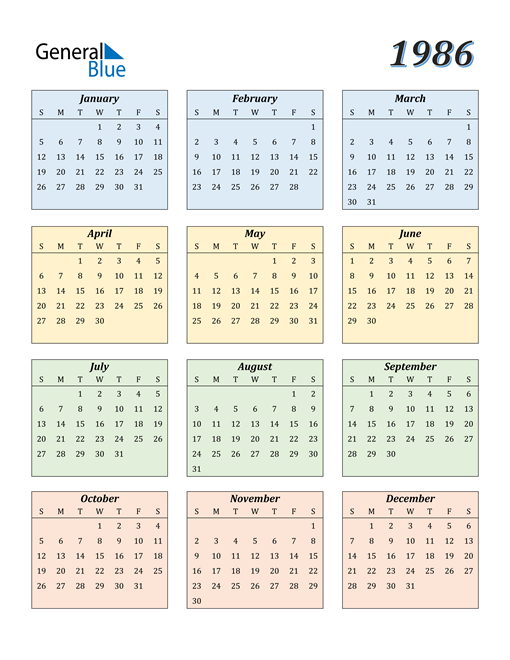 1986 Calendar (PDF Word Excel)